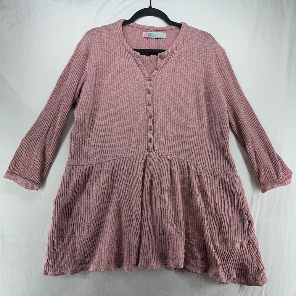 Free People Beach Button Up Mini Dress Size S Pink Ribbed Long‎ Sleeve